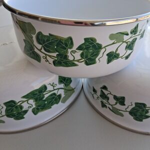 Vintage Enamelware Nesting Mixing Bowls Set of 3 White Green Ivy Stainless Rim